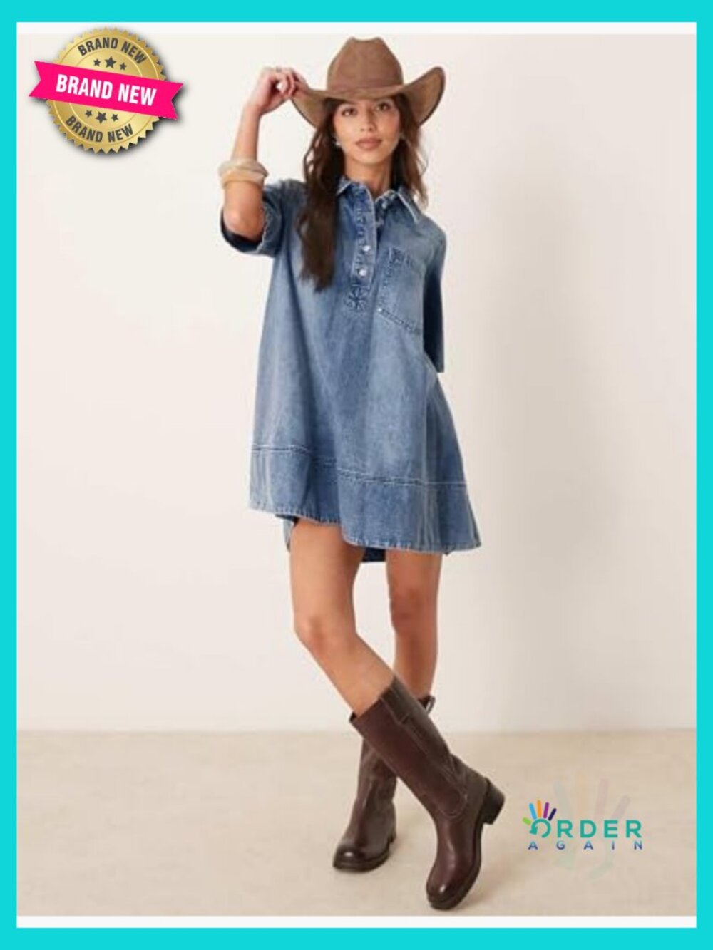 Denim Shirt Dress Mini A-Line Casual Chic Collared Short Sleeve Pockets - Picture 3 of 7